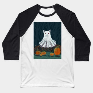 Spooky Ghost Cat in a Pumpkin Patch Baseball T-Shirt